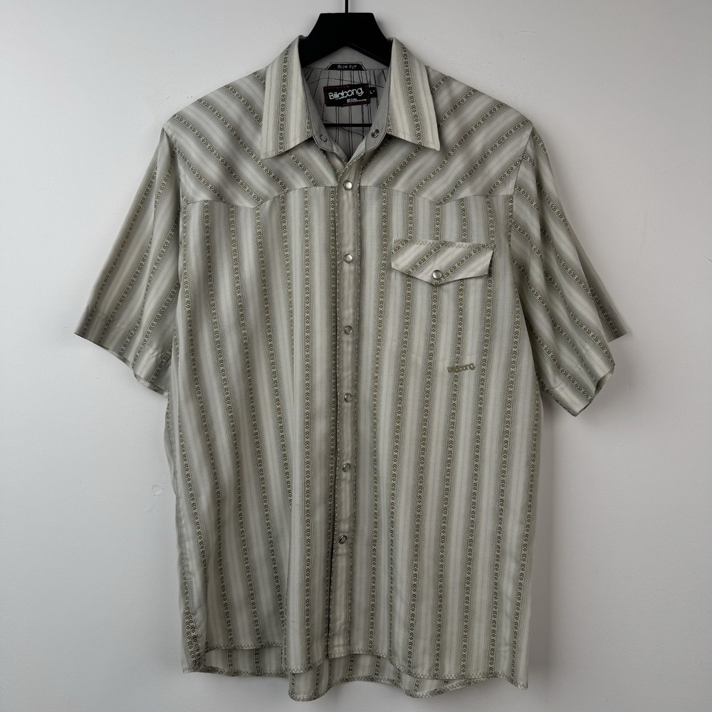 VTG Billabong Shirt Mens L Beige Stripe Western Pearl Snap‎ Surf Short Sleeve